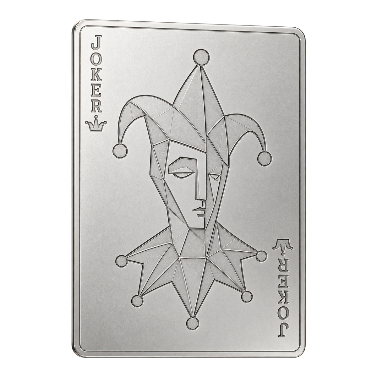 Illustrative engraving concept: geometric Joker artwork on a thin silver card