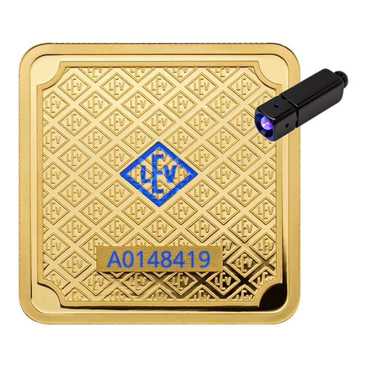 Geiger Original - 1g Gold Bar in capsule – bar shown with the Geiger security mark and serial number