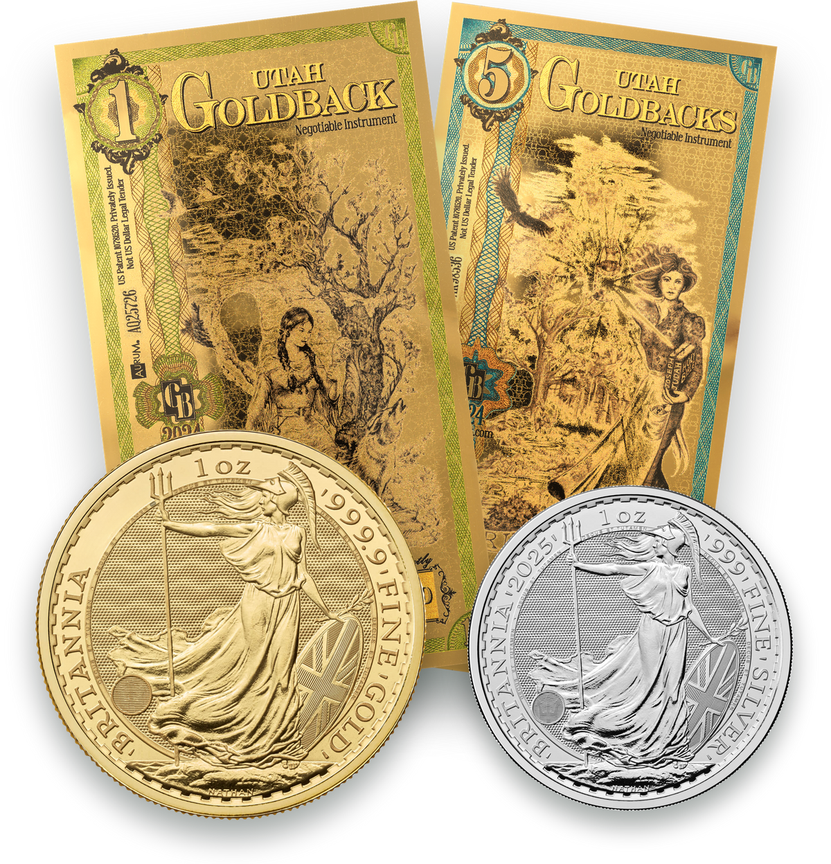 1 oz Gold Britannia and 1 oz Silver Britannia in front of one and five Utah Goldbacks